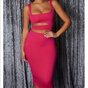 MAKE THE CUT STRAPPY ASYMMETRIC MIDI DRESS IN PINK
